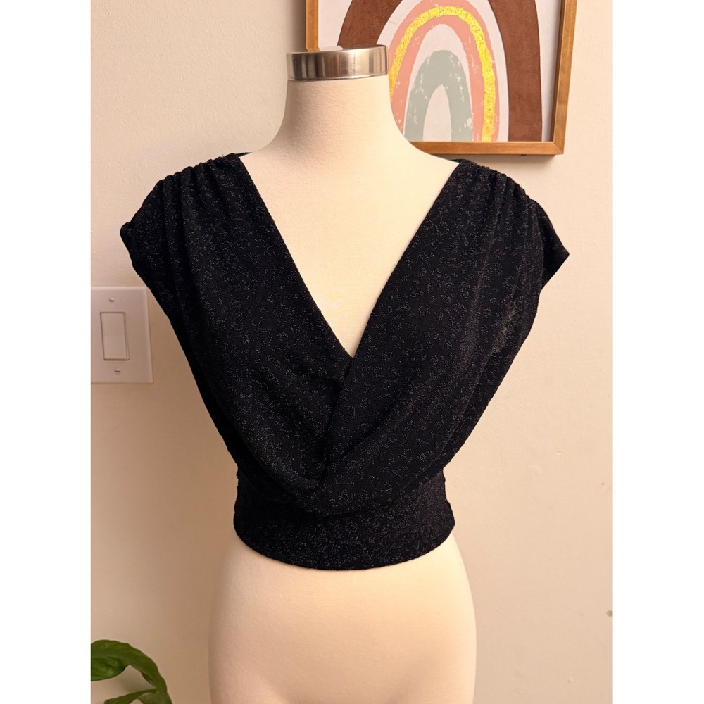 Windsor Drape V-Neck Crop Top Womens Small Black Metallic Shimmer Party T9628C-2